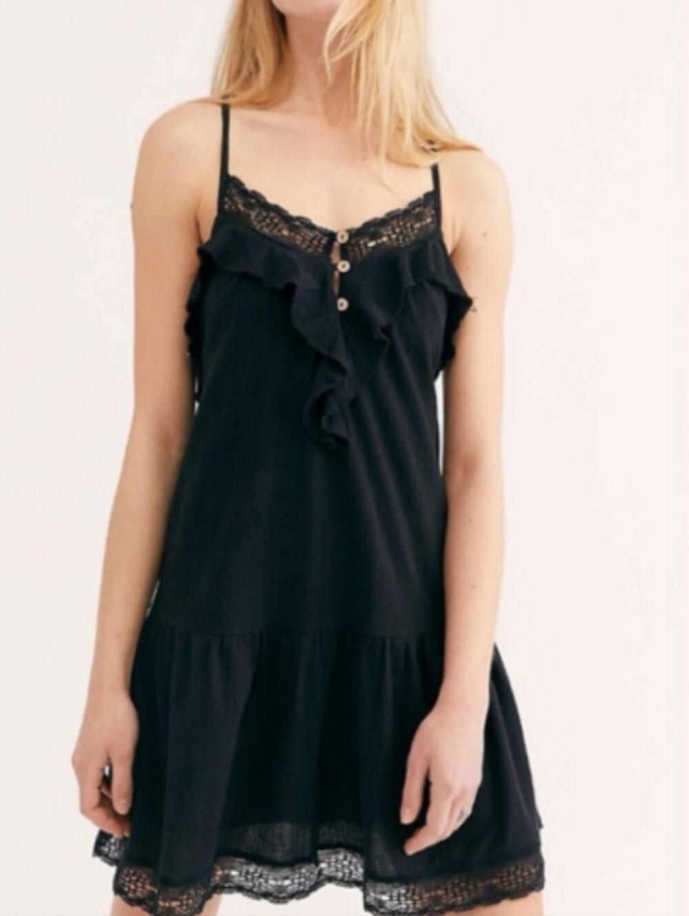 FREE PEOPLE Frill Seeker Black Lace-Trim Detail Ruffle Drop Waist Dress L - Picture 4 of 11